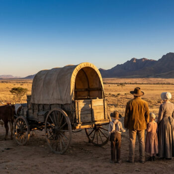 Une famille boer avec un chariot bâché traditionnel face aux vastes plaines d'Afrique du Sud.
