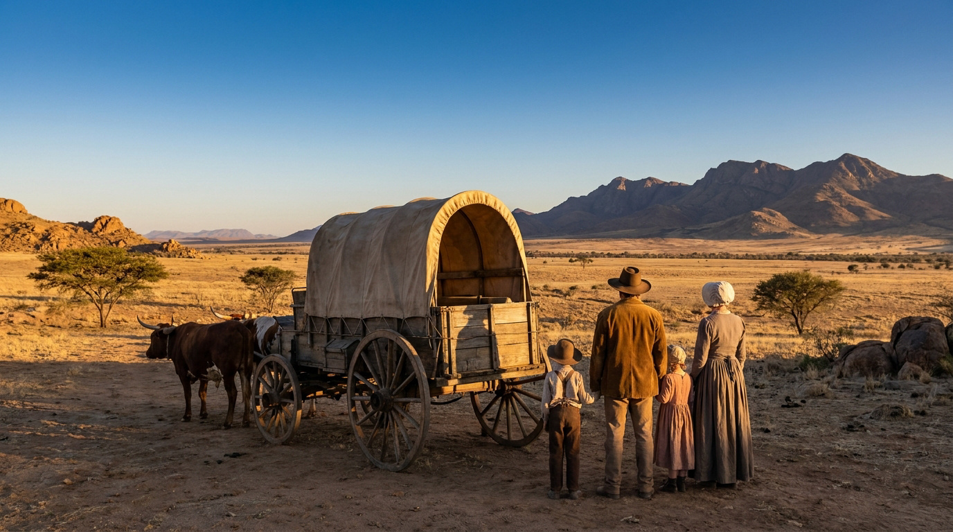 Une famille boer avec un chariot bâché traditionnel face aux vastes plaines d'Afrique du Sud.