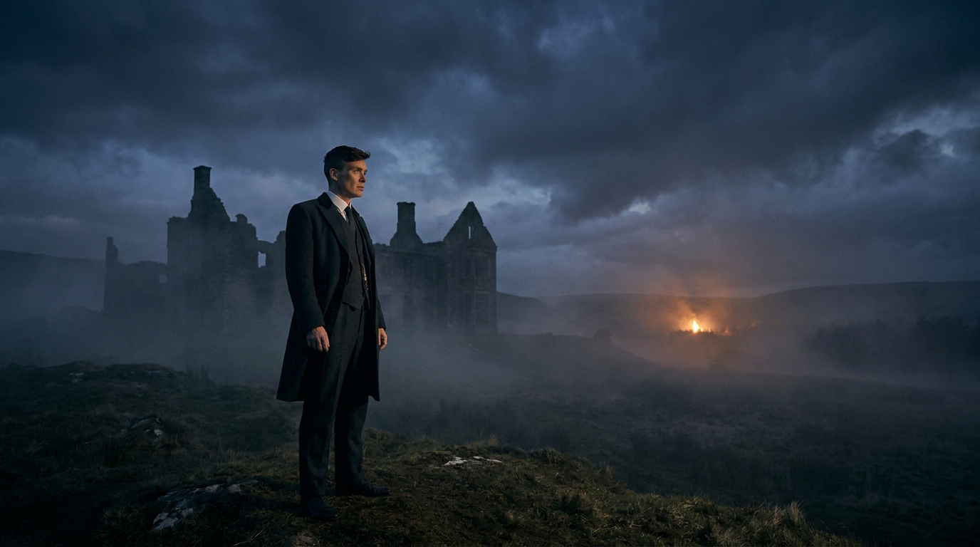 Cillian Murphy, costume et manteau sombres, debout sur une colline herbeuse, contemplant des ruines dans la brume sous un ciel nuageux, avec un feu lointain.