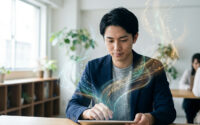 Un jeune homme en costume travaille sur une tablette d'où s'échappent des flux de lumière abstraits et des symboles.