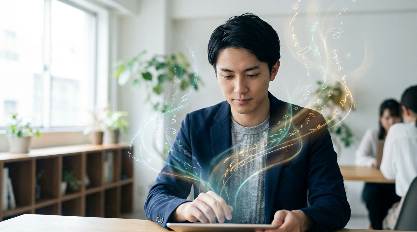 Un jeune homme en costume travaille sur une tablette d'où s'échappent des flux de lumière abstraits et des symboles.