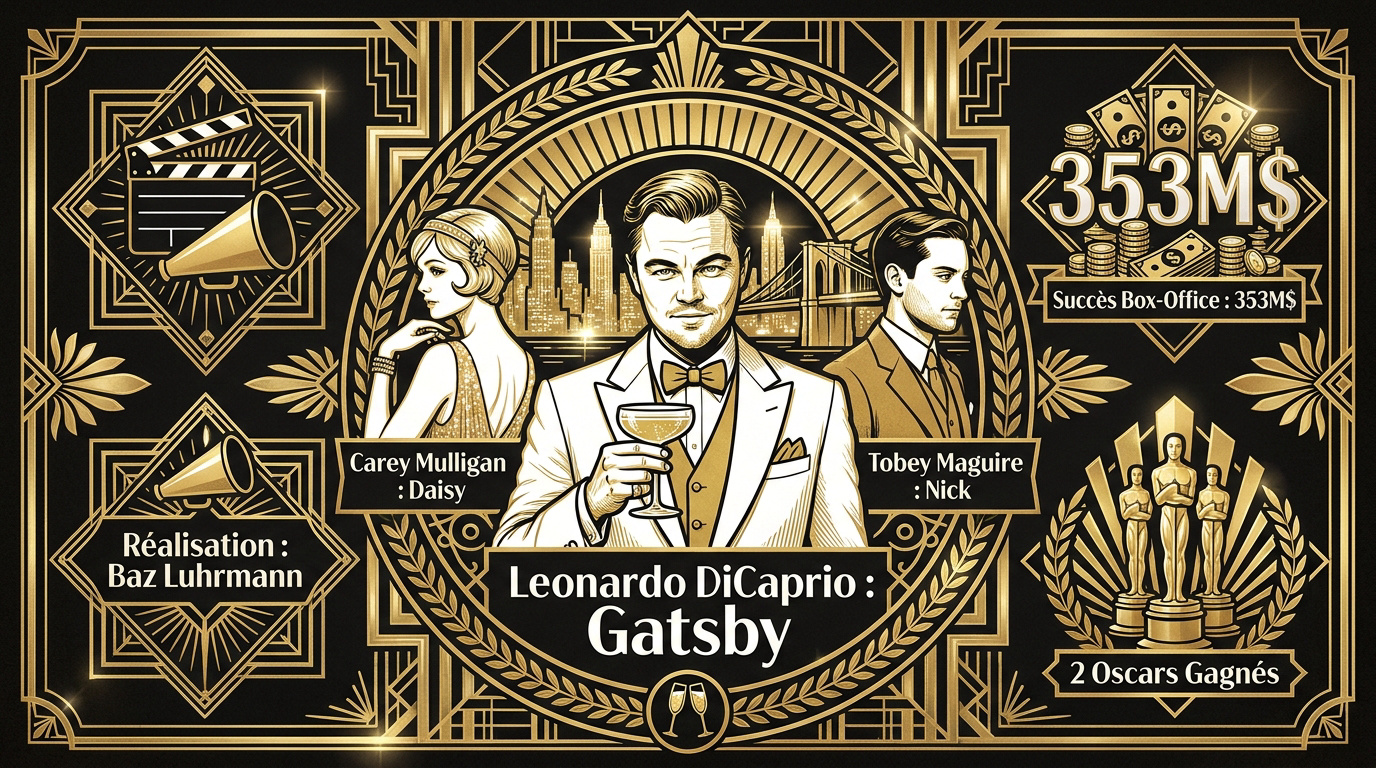Affiche art déco du film Gatsby le Magnifique avec DiCaprio, Mulligan et Maguire