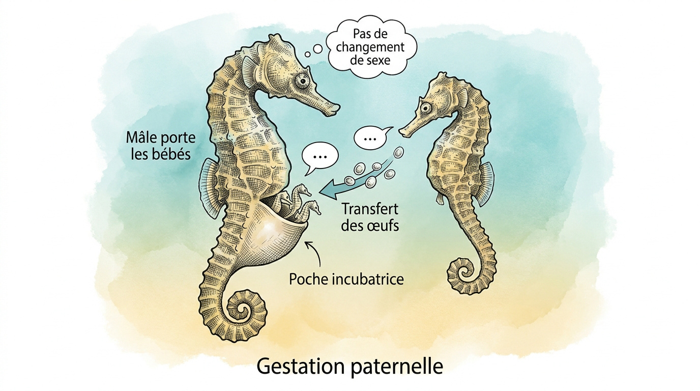 Hippocampe mâle avec sa poche incubatrice gonflée durant la gestation