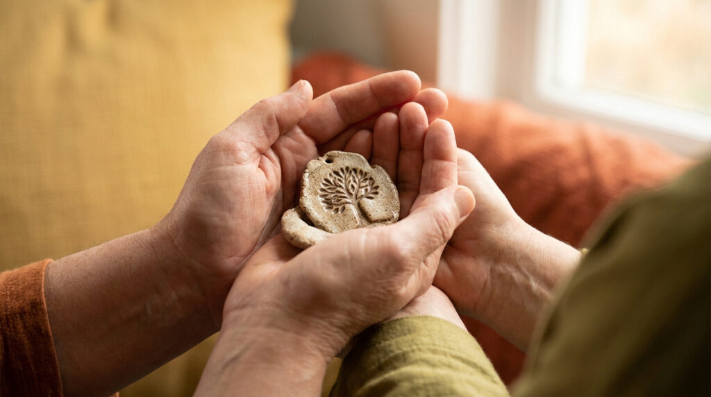 Deux paires de mains se rejoignent pour tenir un médaillon en argile représentant un arbre gravé.