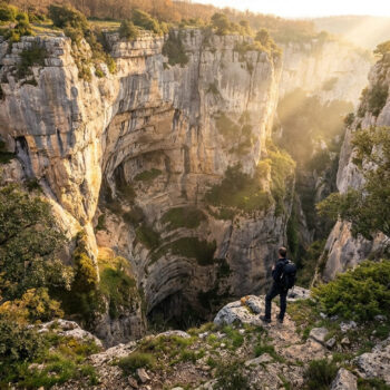 Un randonneur contemple le gouffre impressionnant de l'Igue de Goudou baigné par la lumière dorée du soleil.