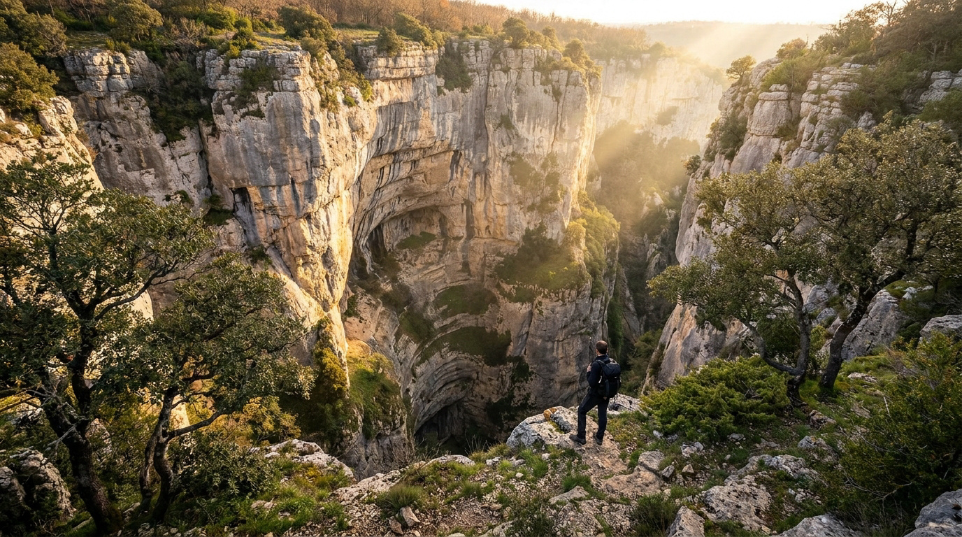 Un randonneur contemple le gouffre impressionnant de l'Igue de Goudou baigné par la lumière dorée du soleil.