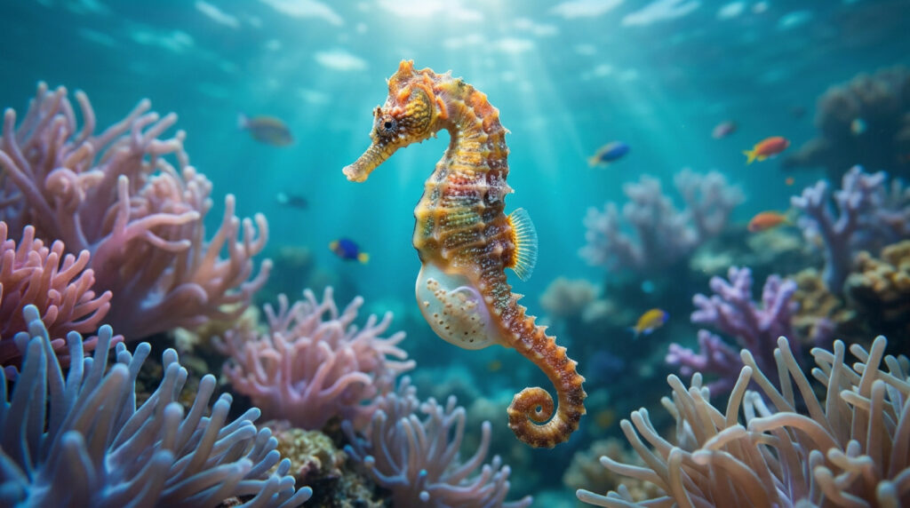 Hippocampe mâle "enceinte" avec sa poche ventrale visible, nageant parmi des coraux roses et violets sous les rayons du soleil.