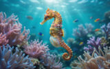 Hippocampe mâle "enceinte" avec sa poche ventrale visible, nageant parmi des coraux roses et violets sous les rayons du soleil.