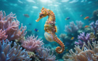 Hippocampe mâle "enceinte" avec sa poche ventrale visible, nageant parmi des coraux roses et violets sous les rayons du soleil.
