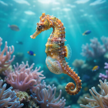Hippocampe mâle "enceinte" avec sa poche ventrale visible, nageant parmi des coraux roses et violets sous les rayons du soleil.