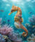 Hippocampe mâle "enceinte" avec sa poche ventrale visible, nageant parmi des coraux roses et violets sous les rayons du soleil.