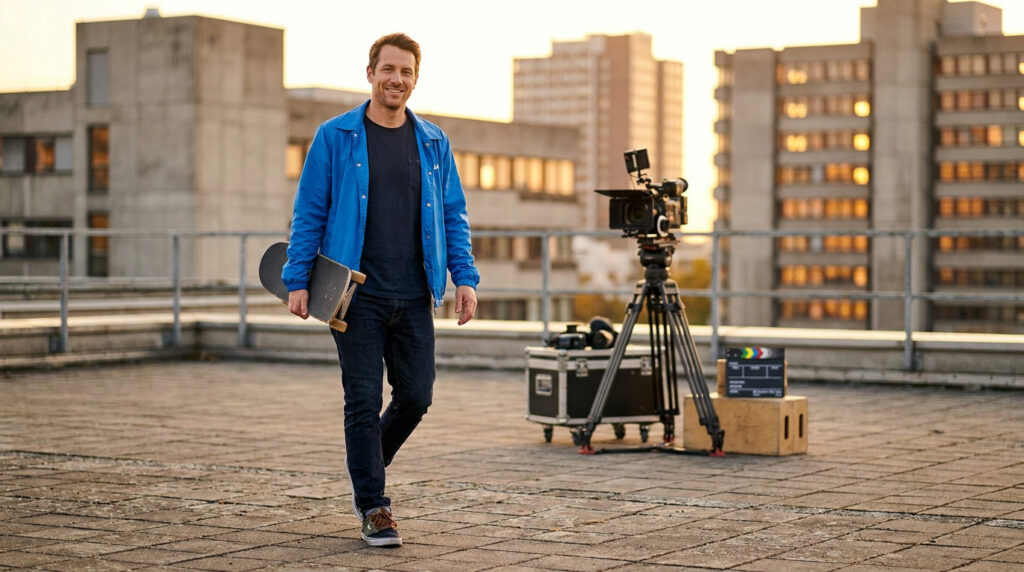 Jason Lee souriant sur un toit, portant une veste bleue et tenant un skateboard, avec une caméra de tournage en arrière.