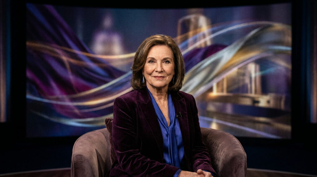 L'actrice Imelda Staunton assise dans un fauteuil devant un écran aux reflets violets et dorés.