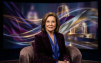 L'actrice Imelda Staunton assise dans un fauteuil devant un écran aux reflets violets et dorés.