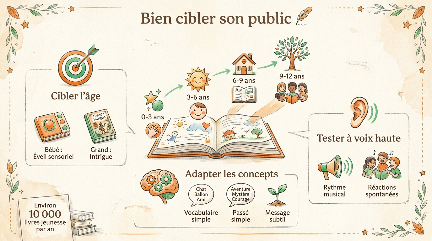 Infographie expliquant comment segmenter son public pour écrire un livre pour enfant selon les tranches d'âge