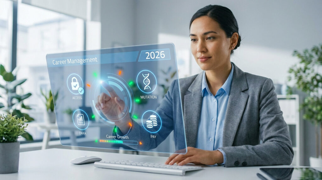 Une femme utilisant une interface numérique holographique pour la gestion de sa carrière professionnelle en 2026.