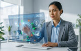 Une femme utilisant une interface numérique holographique pour la gestion de sa carrière professionnelle en 2026.