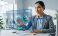 Une femme utilisant une interface numérique holographique pour la gestion de sa carrière professionnelle en 2026.