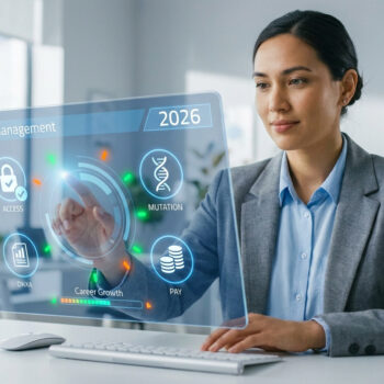 Une femme utilisant une interface numérique holographique pour la gestion de sa carrière professionnelle en 2026.