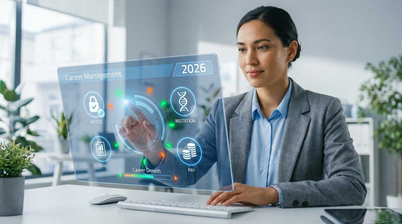 Une femme utilisant une interface numérique holographique pour la gestion de sa carrière professionnelle en 2026.