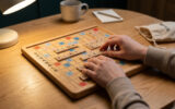 Mains plaçant les lettres du mot VET sur un plateau de Scrabble en bois. D'autres mots, une lampe, une tasse et un sac Scrabble sont visibles.
