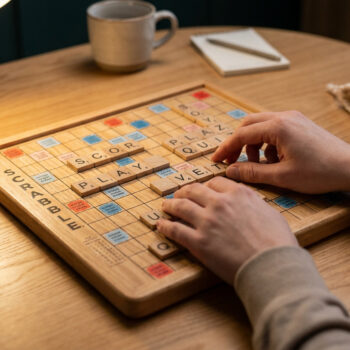 Mains plaçant les lettres du mot VET sur un plateau de Scrabble en bois. D'autres mots, une lampe, une tasse et un sac Scrabble sont visibles.
