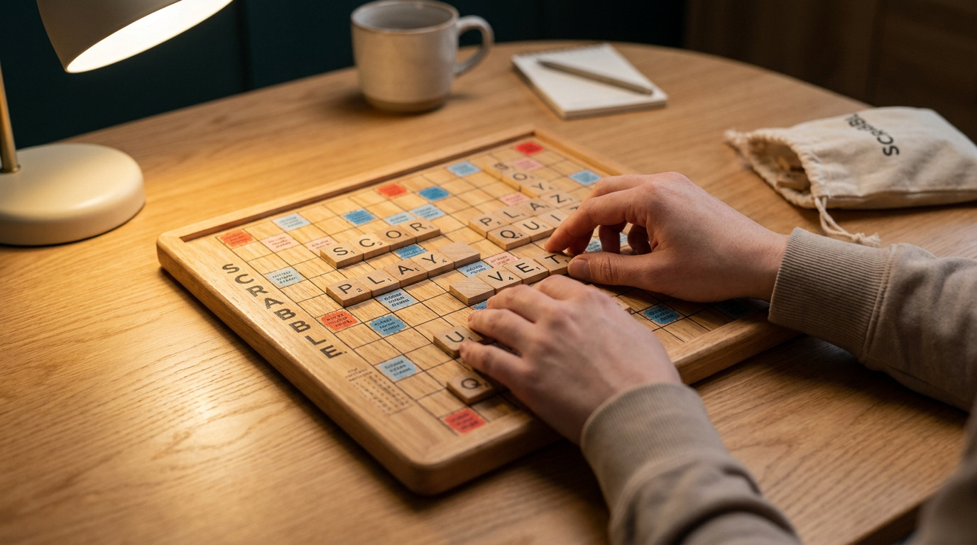 Mains plaçant les lettres du mot VET sur un plateau de Scrabble en bois. D'autres mots, une lampe, une tasse et un sac Scrabble sont visibles.