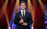 Alex Sharp en costume sombre tenant un trophée doré sur une scène avec des rideaux rouges en arrière-plan.