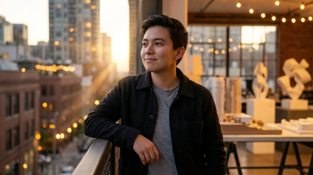 Jeune homme souriant debout sur une terrasse au coucher du soleil avec une vue sur la ville en arrière-plan.