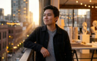 Jeune homme souriant debout sur une terrasse au coucher du soleil avec une vue sur la ville en arrière-plan.