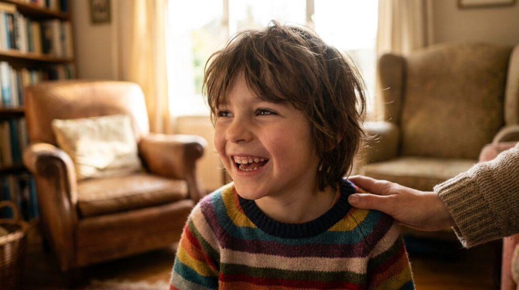 Un enfant aux cheveux longs, vêtu d'un pull rayé, rit joyeusement. Une main adulte le réconforte sur l'épaule dans un salon lumineux.