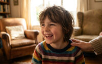 Un enfant aux cheveux longs, vêtu d'un pull rayé, rit joyeusement. Une main adulte le réconforte sur l'épaule dans un salon lumineux.