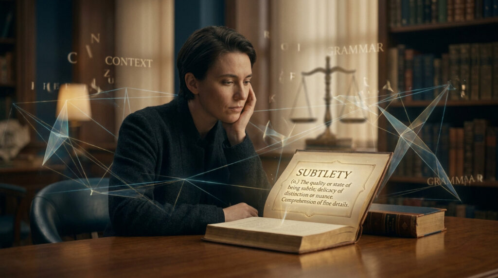 Une personne réfléchit devant un livre ouvert affichant la définition de "subtilité" entourée de formes géométriques.