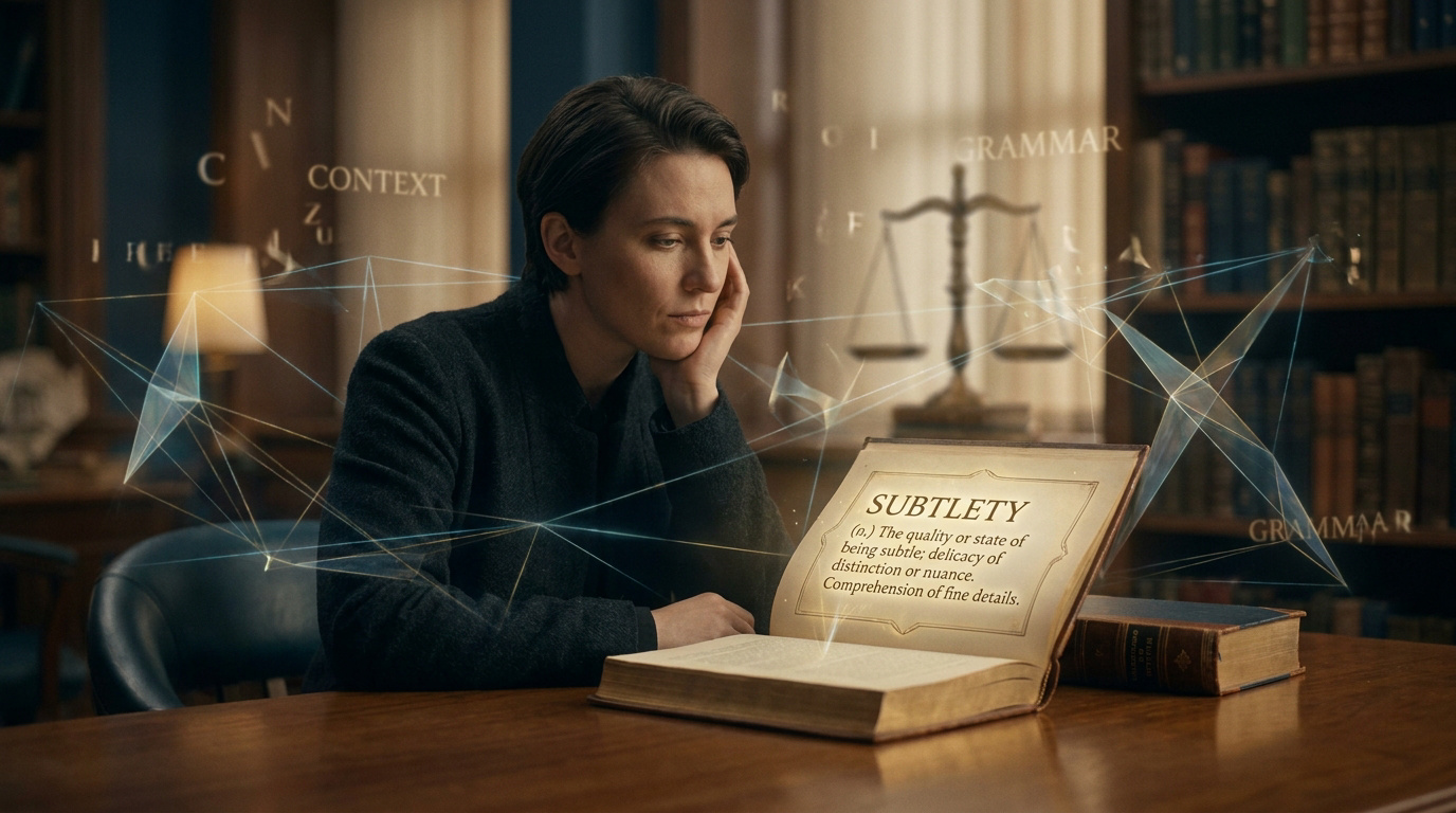 Une personne réfléchit devant un livre ouvert affichant la définition de "subtilité" entourée de formes géométriques.