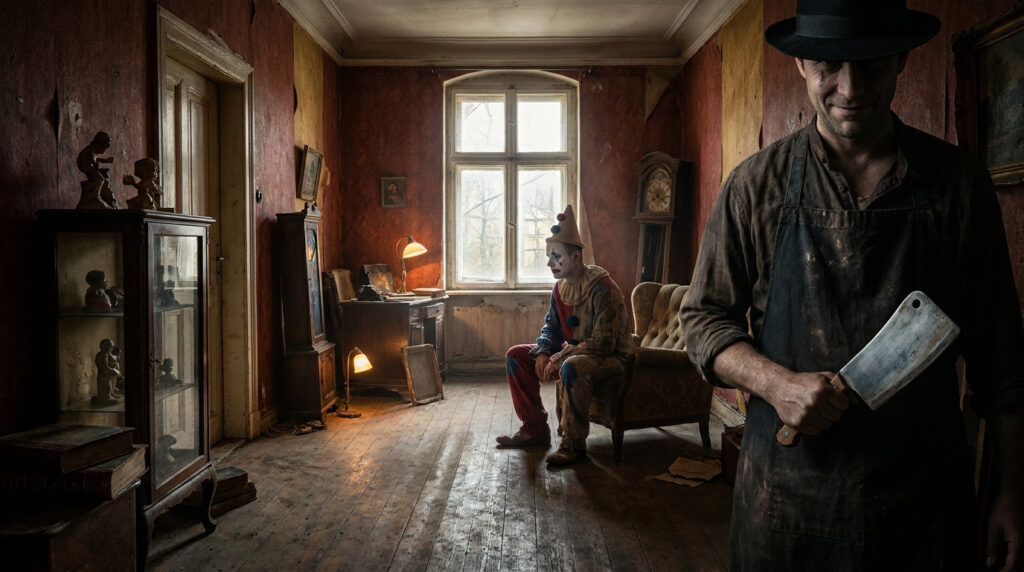 Un boucher menaçant avec un couperet devant un clown triste assis dans une pièce rétro et sombre.
