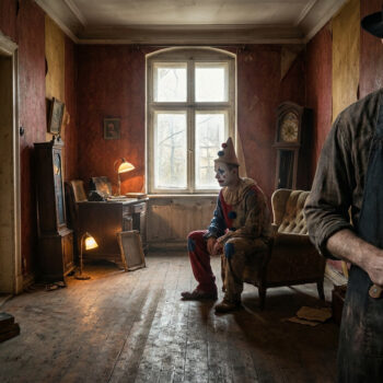 Un boucher menaçant avec un couperet devant un clown triste assis dans une pièce rétro et sombre.