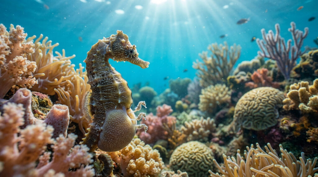 Un hippocampe avec ses petits sortant de sa poche ventrale devant un récif corallien baigné de lumière sous-marine.