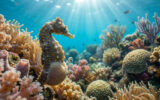 Un hippocampe avec ses petits sortant de sa poche ventrale devant un récif corallien baigné de lumière sous-marine.