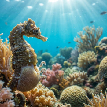 Un hippocampe avec ses petits sortant de sa poche ventrale devant un récif corallien baigné de lumière sous-marine.