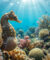 Un hippocampe avec ses petits sortant de sa poche ventrale devant un récif corallien baigné de lumière sous-marine.