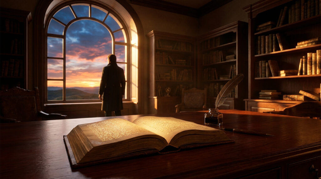 Un écrivain silhouette face à une fenêtre dans une bibliothèque ancienne avec un livre ouvert au premier plan.