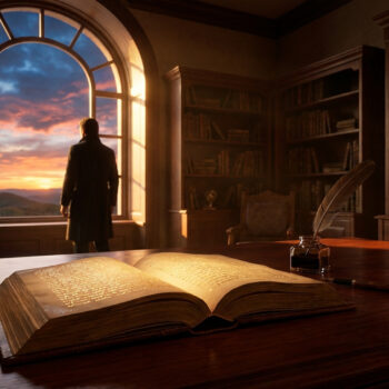 Un écrivain silhouette face à une fenêtre dans une bibliothèque ancienne avec un livre ouvert au premier plan.
