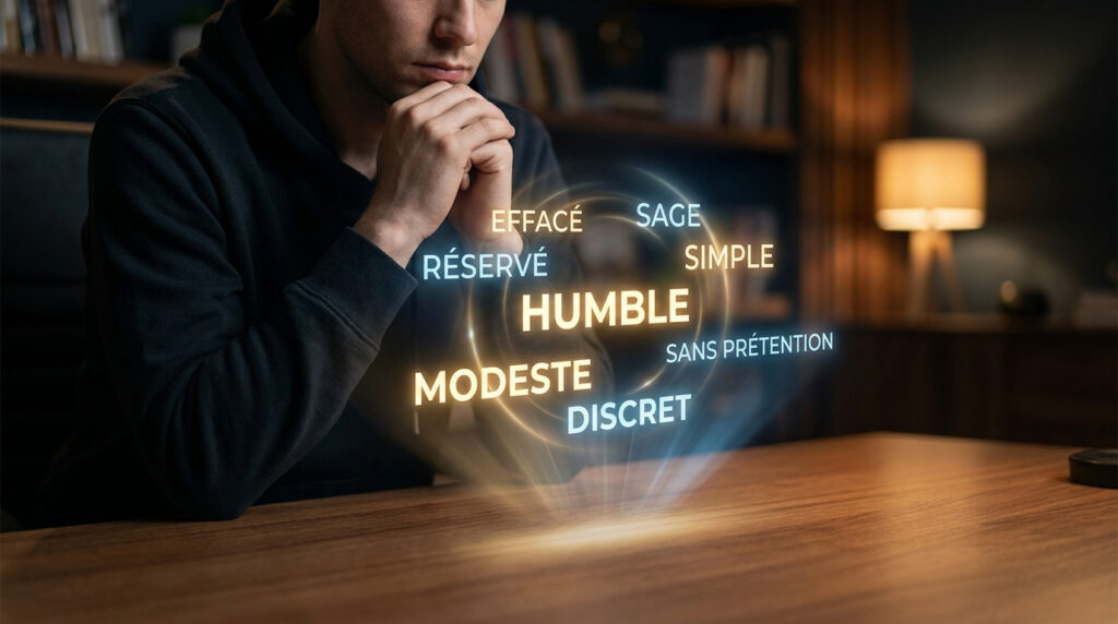 Un homme réfléchit devant une projection holographique de synonymes du mot humble dans un bureau sombre.