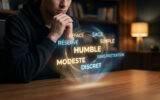 Un homme réfléchit devant une projection holographique de synonymes du mot humble dans un bureau sombre.