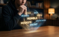 Un homme réfléchit devant une projection holographique de synonymes du mot humble dans un bureau sombre.