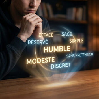 Un homme réfléchit devant une projection holographique de synonymes du mot humble dans un bureau sombre.