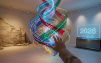 Une main tendue vers une sculpture lumineuse en spirale dans une galerie d'art, entre ruines antiques et écran futuriste.