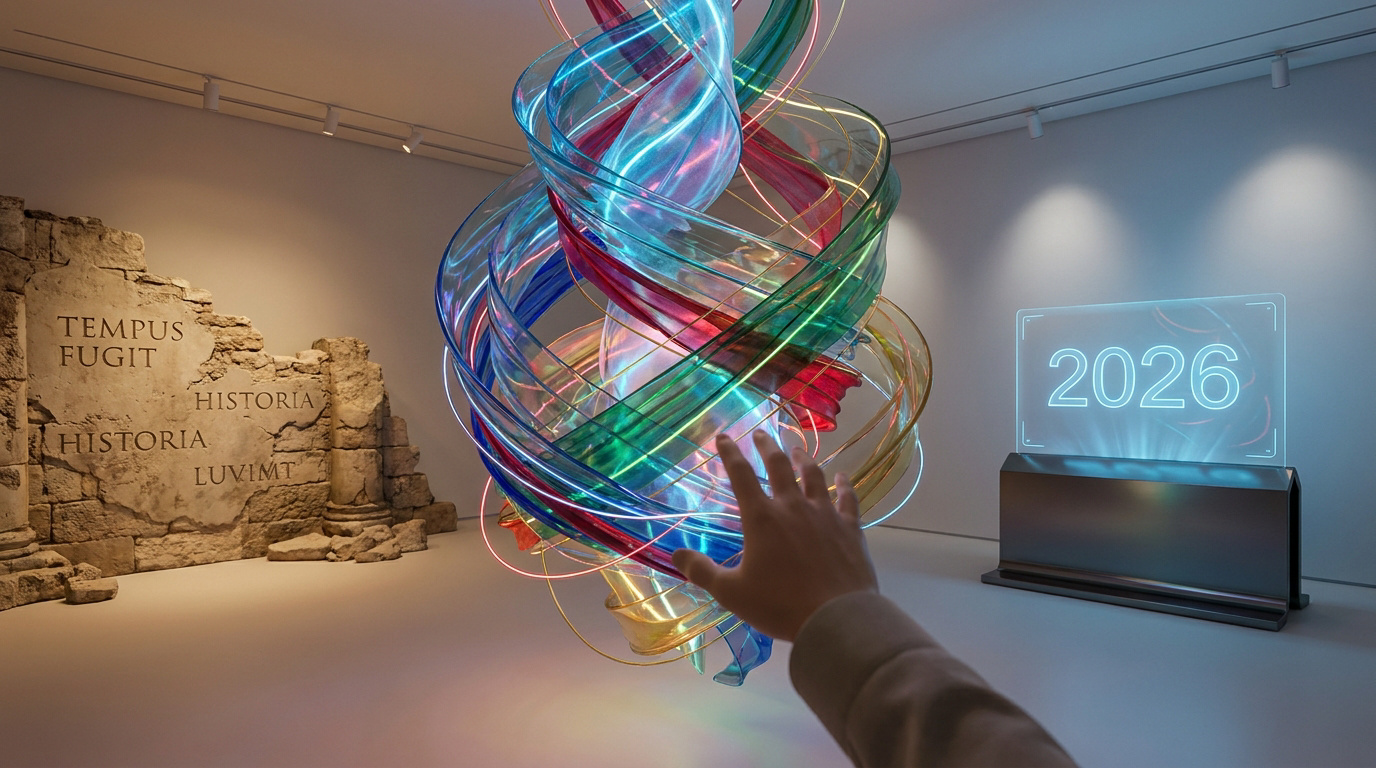 Une main tendue vers une sculpture lumineuse en spirale dans une galerie d'art, entre ruines antiques et écran futuriste.