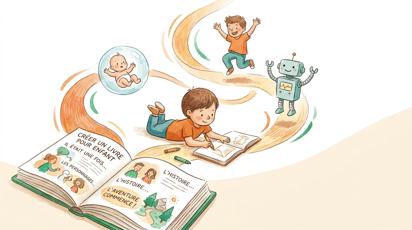 Enfant qui imagine une histoire fantastique en créant son livre