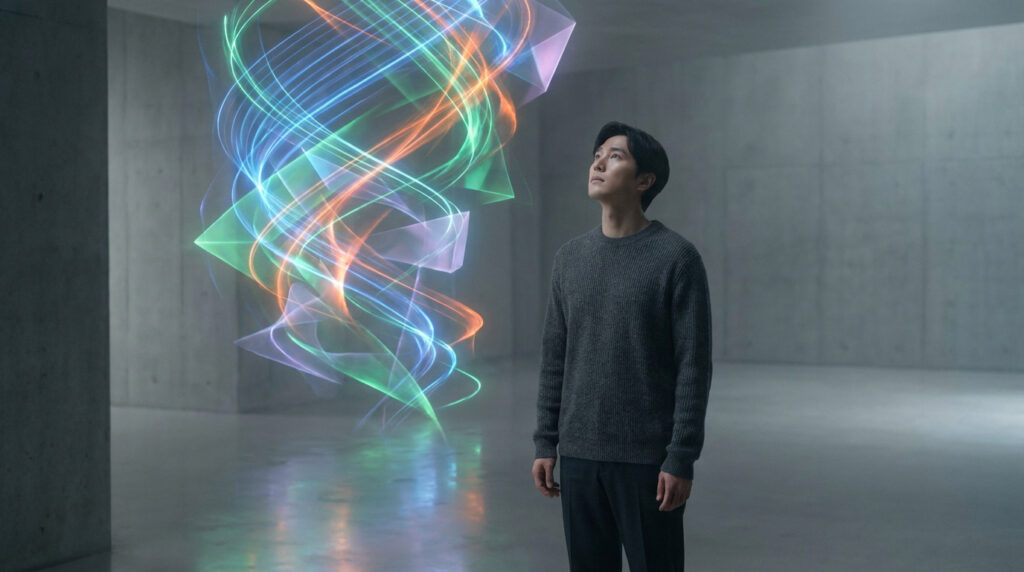 Un homme regarde avec émerveillement une spirale de lumière colorée et abstraite dans un espace minimaliste en béton.